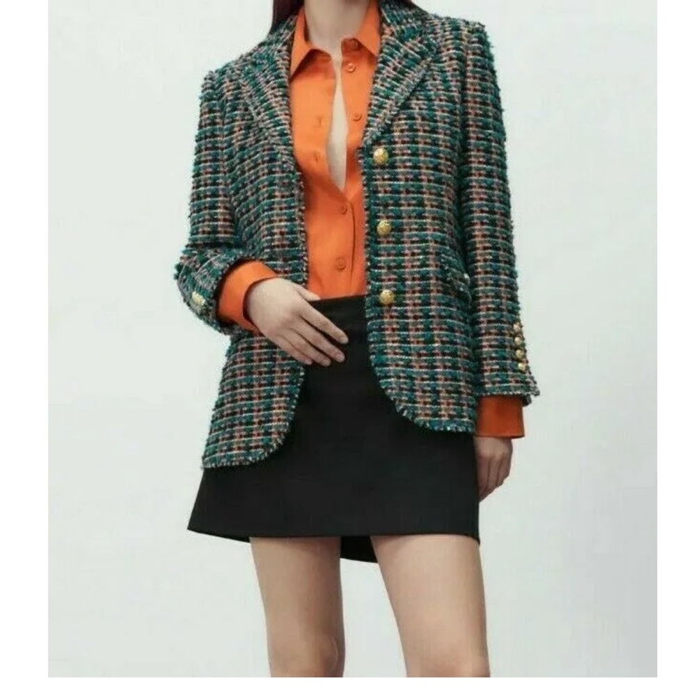 Zara NWT multicolor tweed blazer with gold button details SZ L - Picture 2 of 6